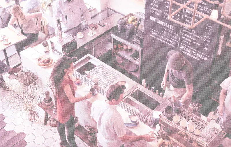 Coffee shop customers standing in line and visiting